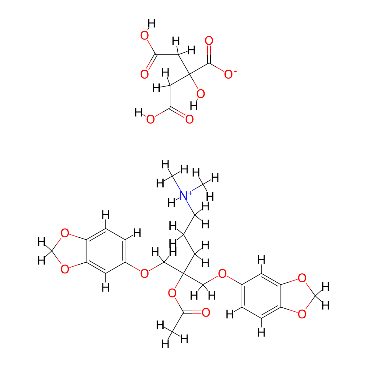 1-Butanol, 4-dimethylamino-1,1-bis((3,4-(methylenedioxy)phenoxy)methyl)-, acetate, citrate molecular structure, CAS 64246-05-5