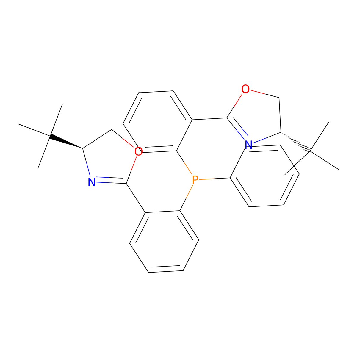 (4S,4'S)-2,2'-((Phenylphosphanediyl)bis(2,1-phenylene))bis(4-(tert-butyl)-4,5-dihydrooxazole) , (S,S)-PhP(Ox-tBu)2 molecular structure, CAS 642491-11-0