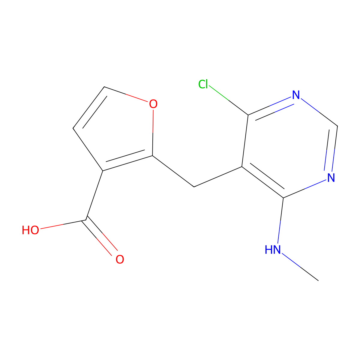 2-((4-Chloro-6-(methylamino)pyrimidin-5-yl)methyl)furan-3-carboxylic acid molecular structure, CAS 64261-20-7