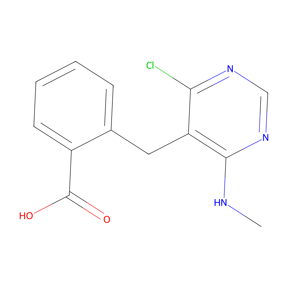 2-((4-Chloro-6-(methylamino)pyrimidin-5-yl)methyl)benzoic acid molecular structure, CAS 64261-36-5