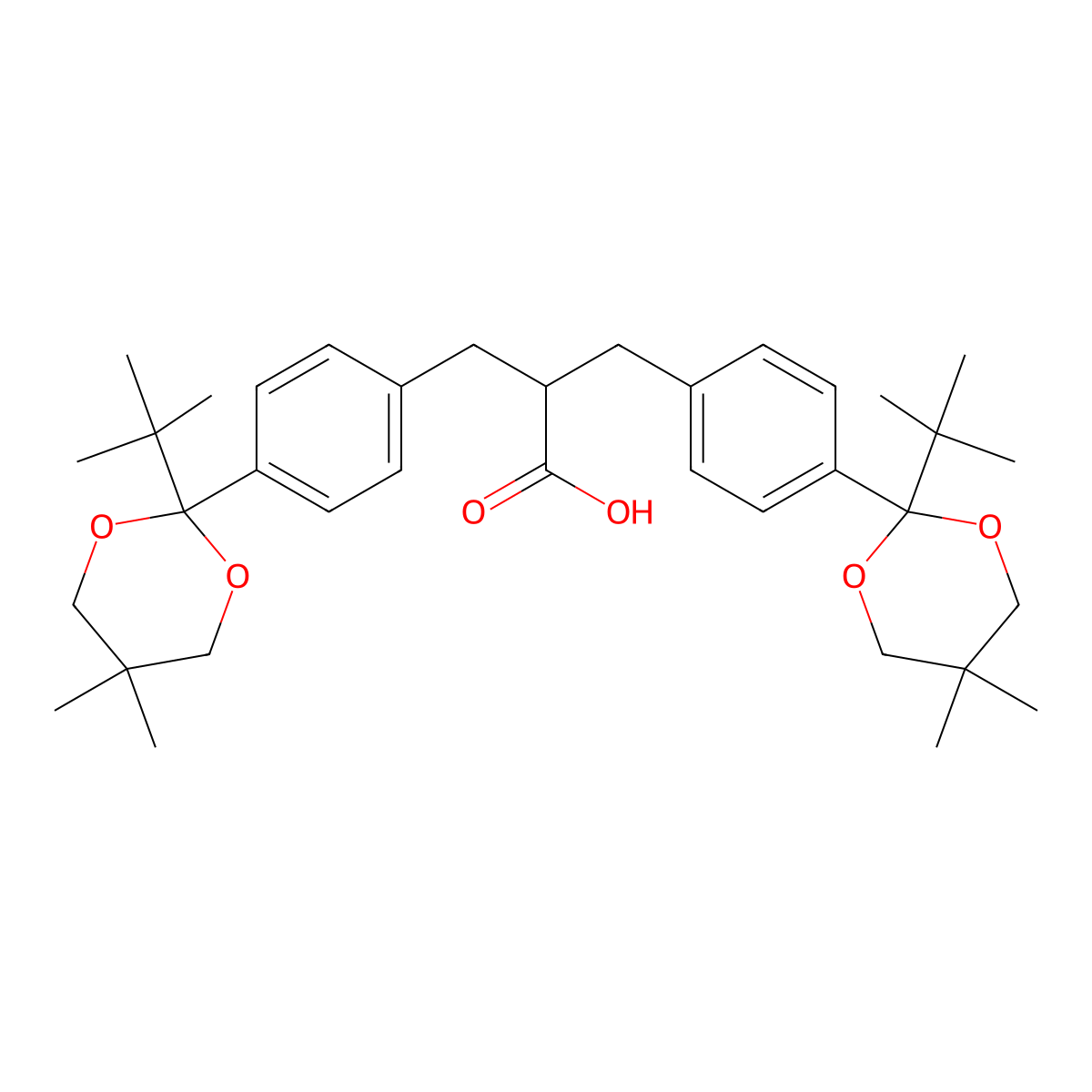 3-[4-(2-Tert-butyl-5,5-dimethyl-1,3-dioxan-2-yl)phenyl]-2-[[4-(2-tert-butyl-5,5-dimethyl-1,3-dioxan-2-yl)phenyl]methyl]propanoic acid molecular structure, CAS 64275-16-7