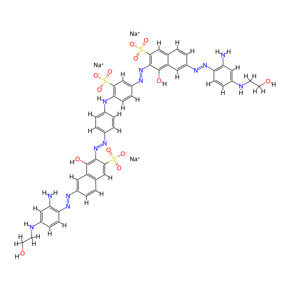 2-naphthalenesulfonic acid, 6-((2-amino-4-((2-hydroxyethyl)amino)phenyl)azo)-3-((4-((4-((7-((2-amino-4-((2-hydroxyethyl)amino)phenyl)azo)-1-hydroxy-3-sulfo-2-naphthalenyl)azo)phenyl)amino)-3-sulfophenyl)azo)-4-hydroxy-, trisodium salt molecular structure, CAS 6428-38-2