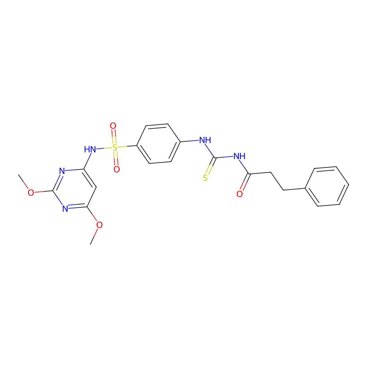 N-[[4-[(2,6-dimethoxypyrimidin-4-yl)sulfamoyl]phenyl]carbamothioyl]-3-phenylpropanamide molecular structure, CAS 642950-66-1