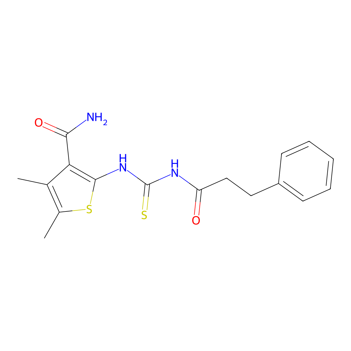 4,5-Dimethyl-2-(3-(3-phenylpropanoyl)thioureido)thiophene-3-carboxamide molecular structure, CAS 642951-26-6