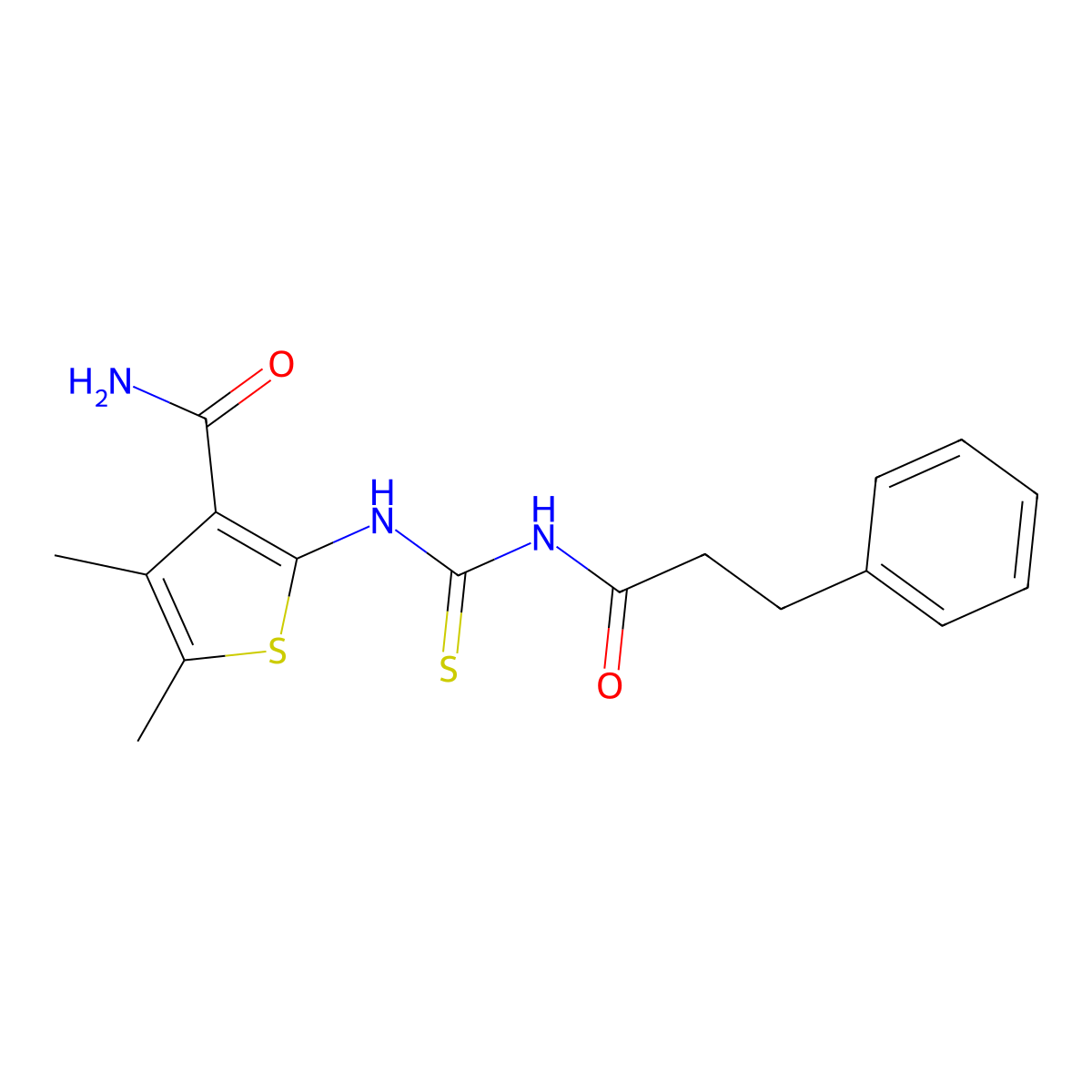 4,5-Dimethyl-2-(3-(3-phenylpropanoyl)thioureido)thiophene-3-carboxamide molecular structure, CAS 642951-26-6