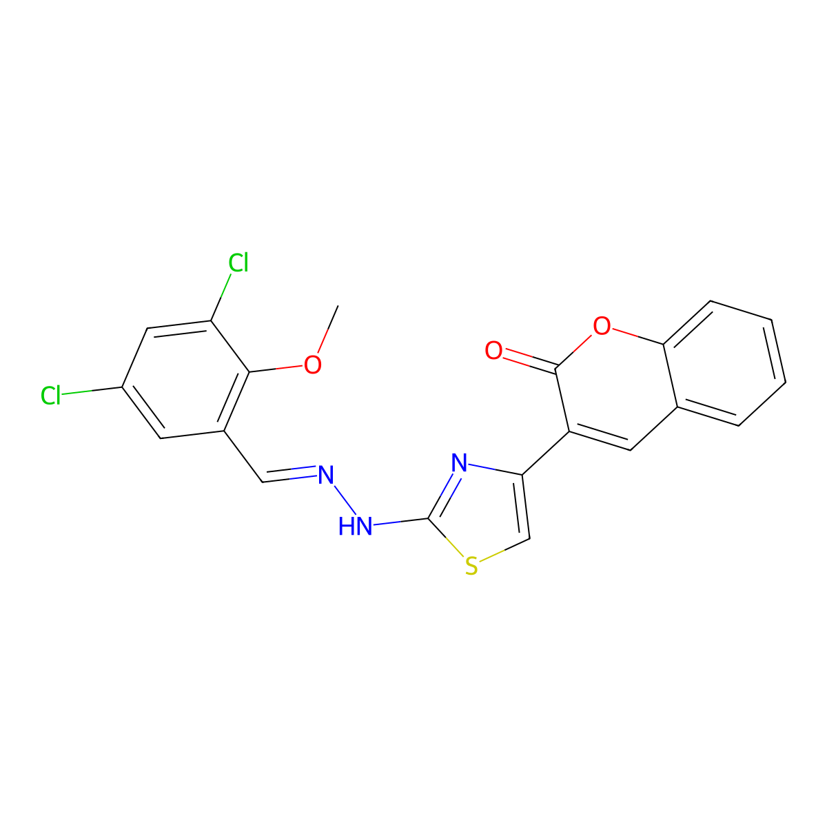 3-[2-[2-[(3,5-Dichloro-2-methoxyphenyl)methylidene]hydrazinyl]-1,3-thiazol-4-yl]chromen-2-one molecular structure, CAS 6430-82-6