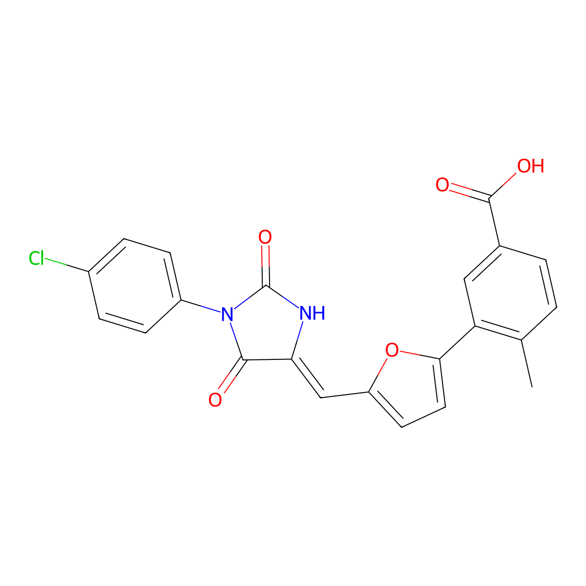 3-[5-[[1-(4-Chlorophenyl)-2,5-dioxoimidazolidin-4-ylidene]methyl]furan-2-yl]-4-methylbenzoic acid molecular structure, CAS 643006-68-2