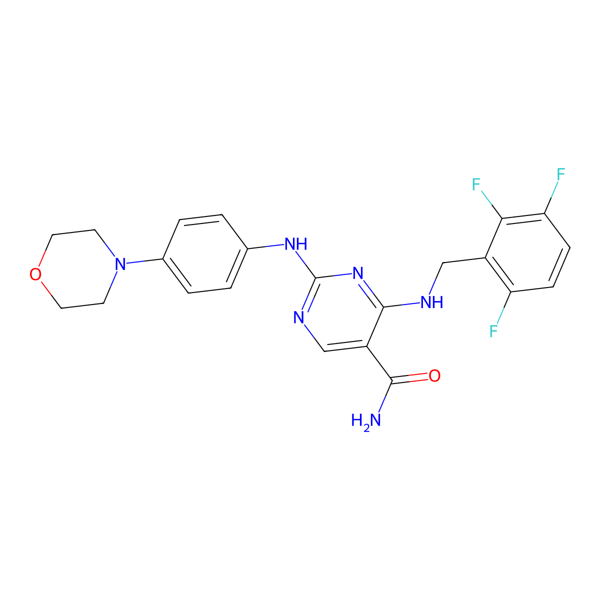 2-((4-Morpholin-4-ylphenyl)amino)-4-((2,3,6-trifluorobenzyl)amino)pyrimidine-5-carboxamide molecular structure, CAS 643082-52-4