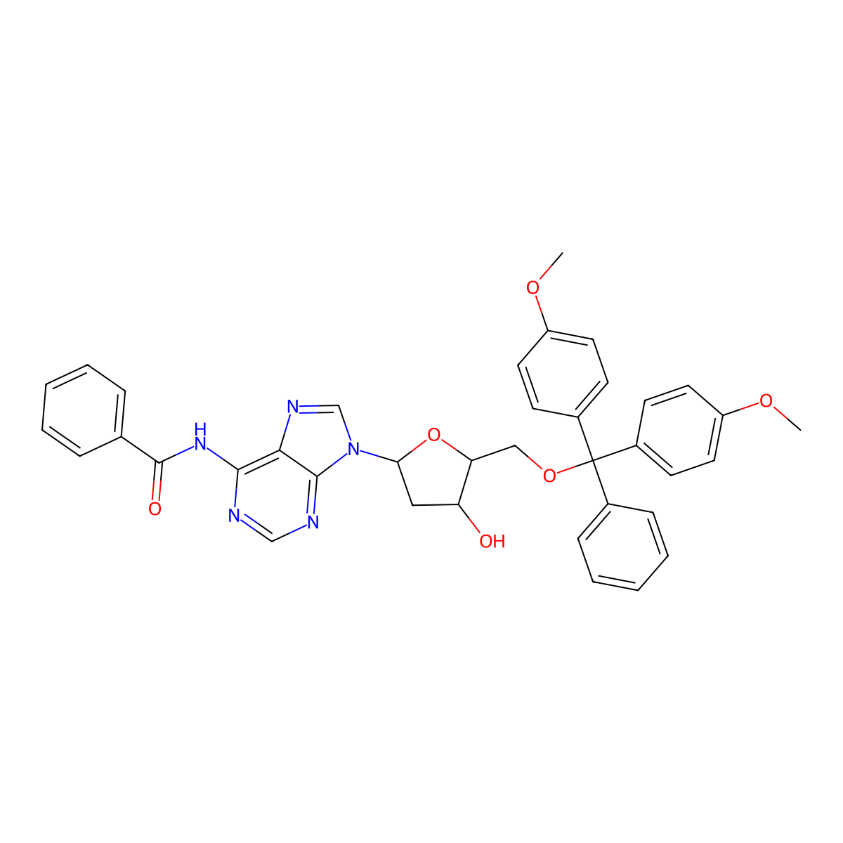 Adenosine, N-benzoyl-5'-O-(bis(4-methoxyphenyl)phenylmethyl)-2'-deoxy- molecular structure, CAS 64325-78-6