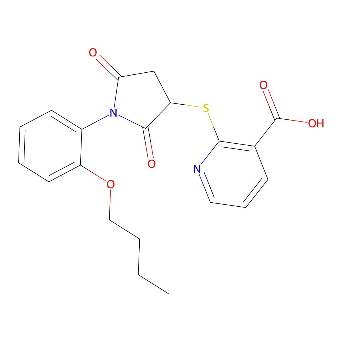 2-((1-(2-Butoxyphenyl)-2,5-dioxopyrrolidin-3-yl)thio)nicotinic acid molecular structure, CAS 643746-43-4