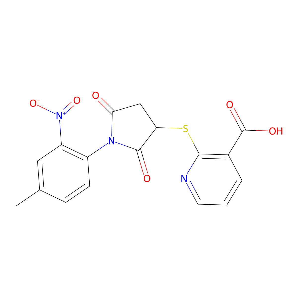 2-((1-(4-Methyl-2-nitrophenyl)-2,5-dioxopyrrolidin-3-yl)thio)nicotinic acid molecular structure, CAS 643746-45-6