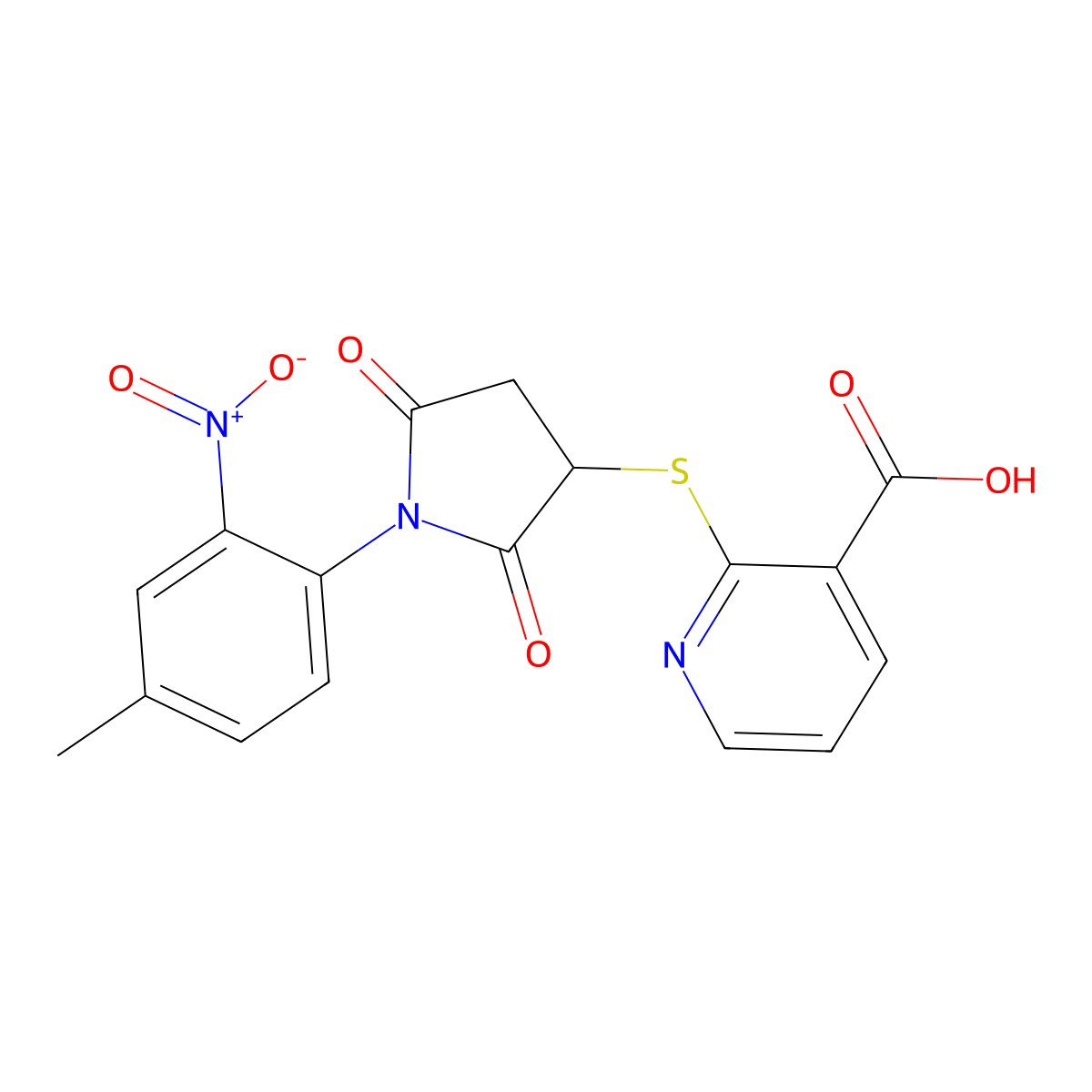 2-((1-(4-Methyl-2-nitrophenyl)-2,5-dioxopyrrolidin-3-yl)thio)nicotinic acid molecular structure, CAS 643746-45-6