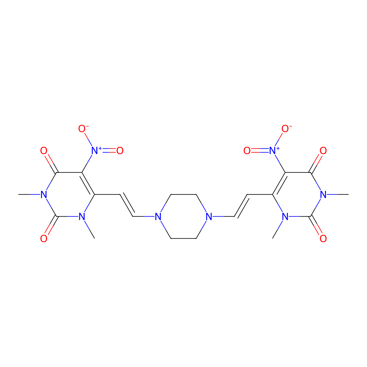 6-[2-[4-[2-(1,3-Dimethyl-5-nitro-2,6-dioxopyrimidin-4-yl)ethenyl]piperazin-1-yl]ethenyl]-1,3-dimethyl-5-nitropyrimidine-2,4-dione molecular structure, CAS 6438-52-4