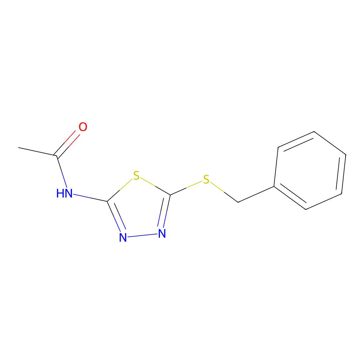 Acetamide, N-(5-((phenylmethyl)thio)-1,3,4-thiadiazol-2-yl)- molecular structure, CAS 64387-67-3