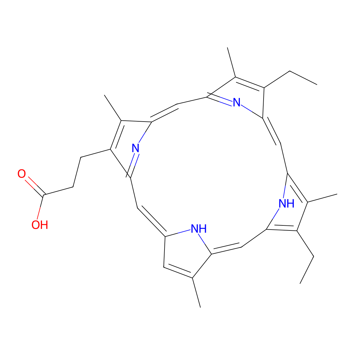 8,13-Diethyl-3,7,12,17-tetramethyl-21H,23H-porphine-2-propionic acid molecular structure, CAS 644-00-8