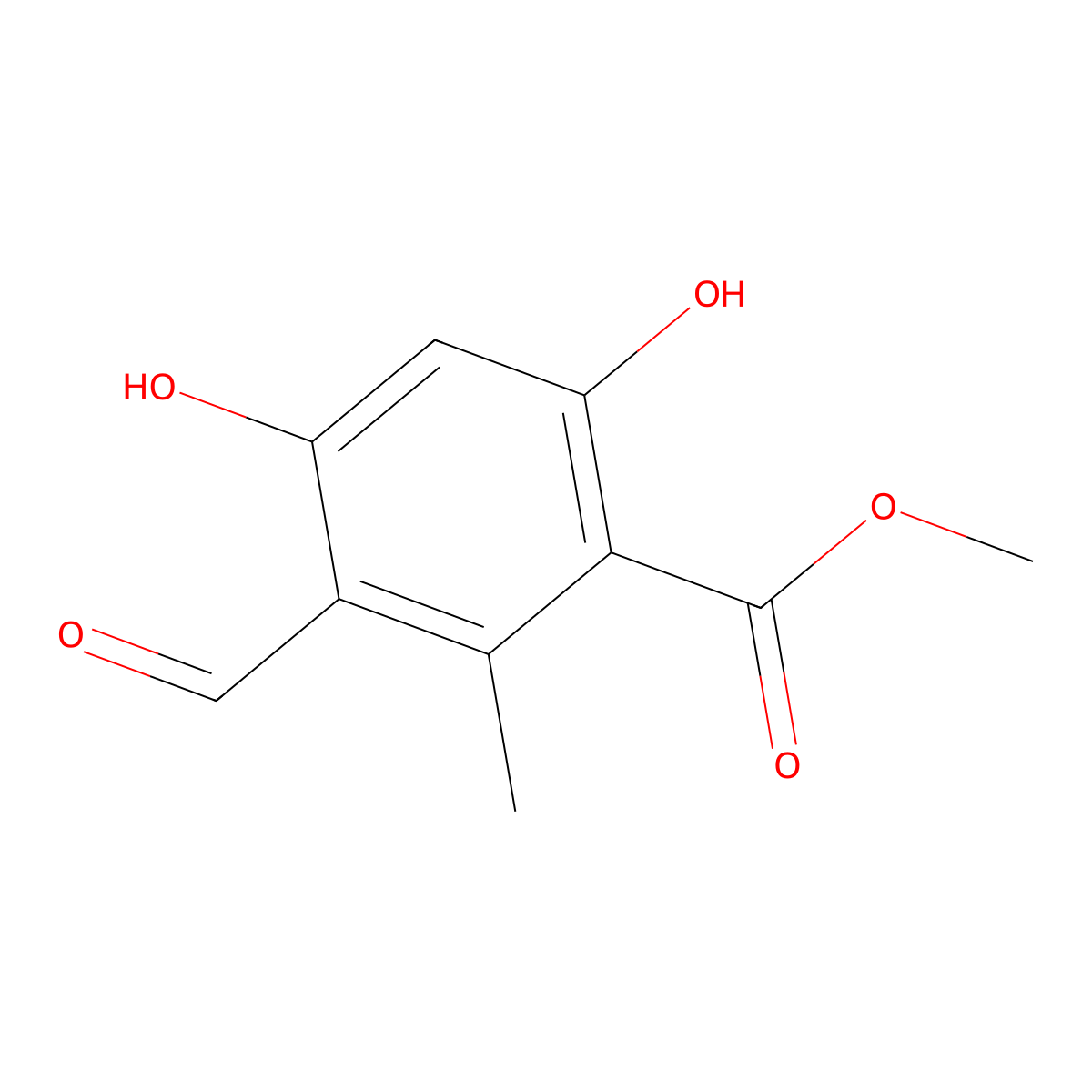 Methyl 3-formyl-4,6-dihydroxy-2-methylbenzoate molecular structure, CAS 64400-53-9