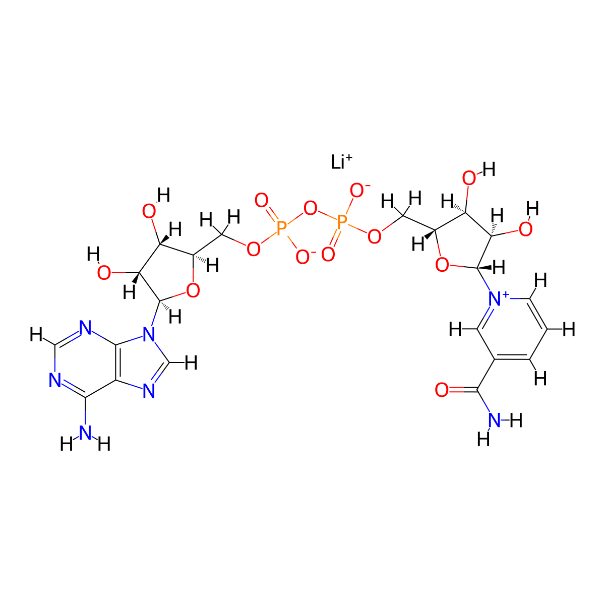 lithium [[(2R,3S,4R,5R)-5-(6-aminopurin-9-yl)-3,4-dihydroxyoxolan-2-yl]methoxy-oxidophosphoryl] [(2R,3S,4R,5R)-5-(3-carbamoylpyridin-1-ium-1-yl)-3,4-dihydroxyoxolan-2-yl]methyl phosphate molecular structure, CAS 64417-72-7