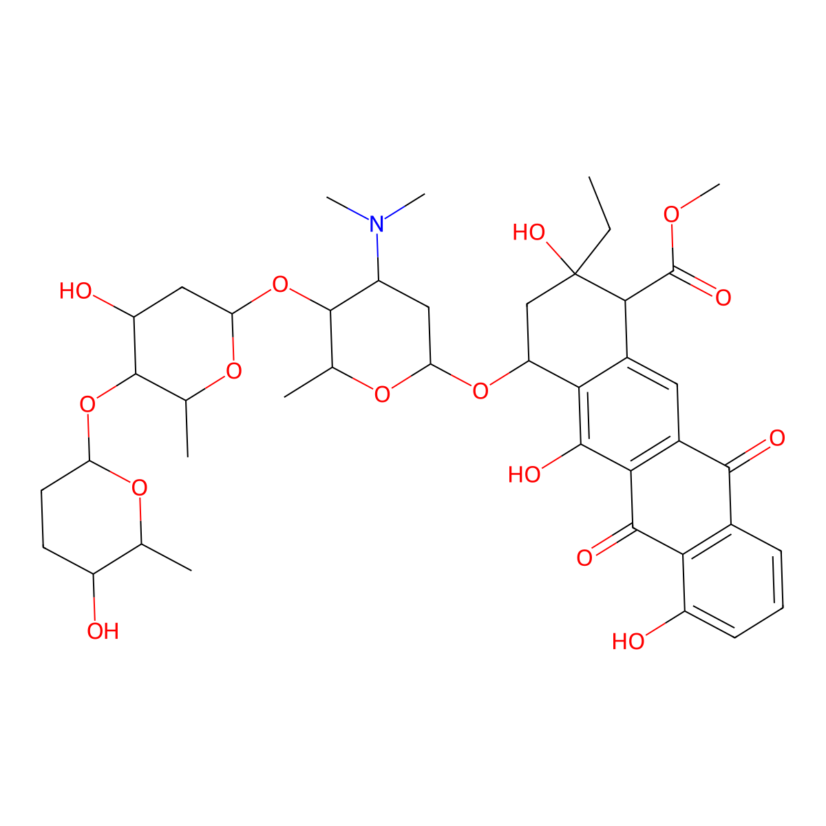 Methyl (1R,2R,4S)-2-ethyl-1,2,3,4,6,11-hexahydro-2,5,7-trihydroxy-6,11-dioxo-4-((2,3,6-trideoxy-4-O-(2,6-dideoxy-4-O-((2S,5R,6S)-tetrahydro-5-hydroxy-6-methyl-2H-pyran-2-yl)-alpha-L-lyxo-hexopyranosyl)-3-(dimethylamino)-alpha-L-lyxo-hexopyranosyl)oxy)-1-naphthacenecarboxylate molecular structure, CAS 64431-68-1