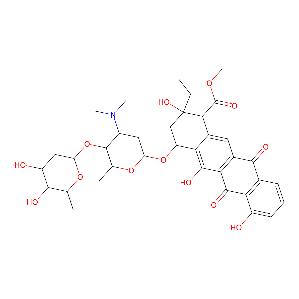 Methyl (1R,2R,4S)-2-ethyl-1,2,3,4,6,11-hexahydro-2,5,7-trihydroxy-6,11-dioxo-4-((2,3,6-trideoxy-4-O-(2,6-dideoxy-alpha-L-lyxo-hexopyranosyl)-3-(dimethylamino)-alpha-L-lyxo-hexopyranosyl)oxy)-1-naphthacenecarboxylate molecular structure, CAS 64431-69-2