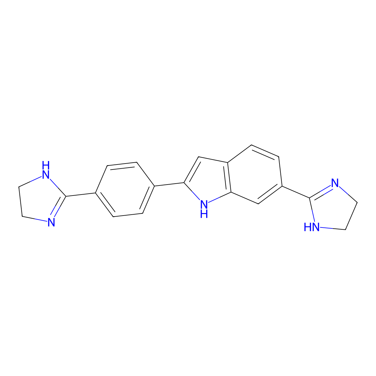 6-(4,5-Dihydro-1H-imidazol-2-yl)-2-(4-(4,5-dihydro-1H-imidazol-2-yl)phenyl)-1H-indole molecular structure, CAS 64431-93-2