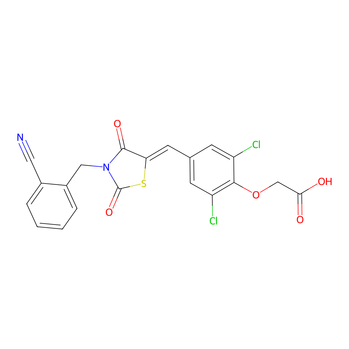 2-[2,6-Dichloro-4-[[3-[(2-cyanophenyl)methyl]-2,4-dioxo-1,3-thiazolidin-5-ylidene]methyl]phenoxy]acetic acid molecular structure, CAS 6447-28-5