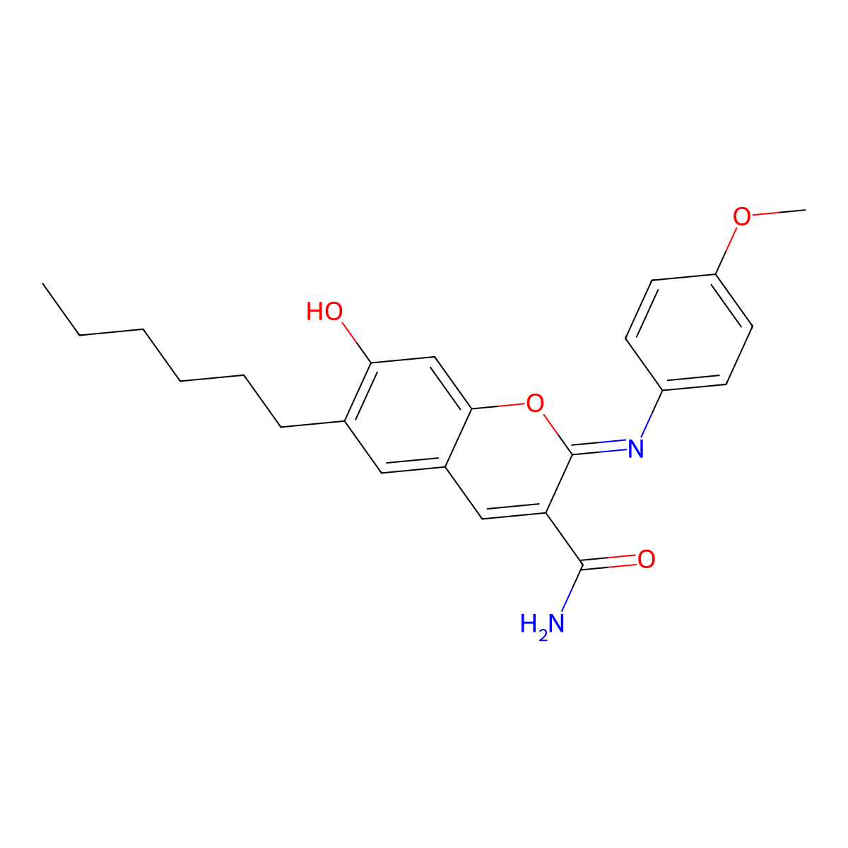 6-Hexyl-2-(4-methoxyanilino)-7-oxochromene-3-carboxamide molecular structure, CAS 6449-63-4