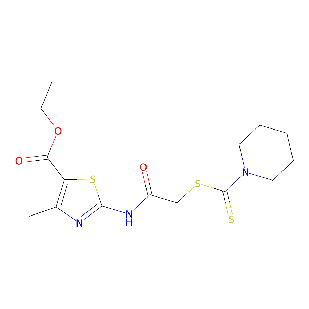 Ethyl 4-methyl-2-((((1-piperidinylcarbonothioyl)sulfanyl)acetyl)amino)-1,3-thiazole-5-carboxylate molecular structure, CAS 644959-76-2