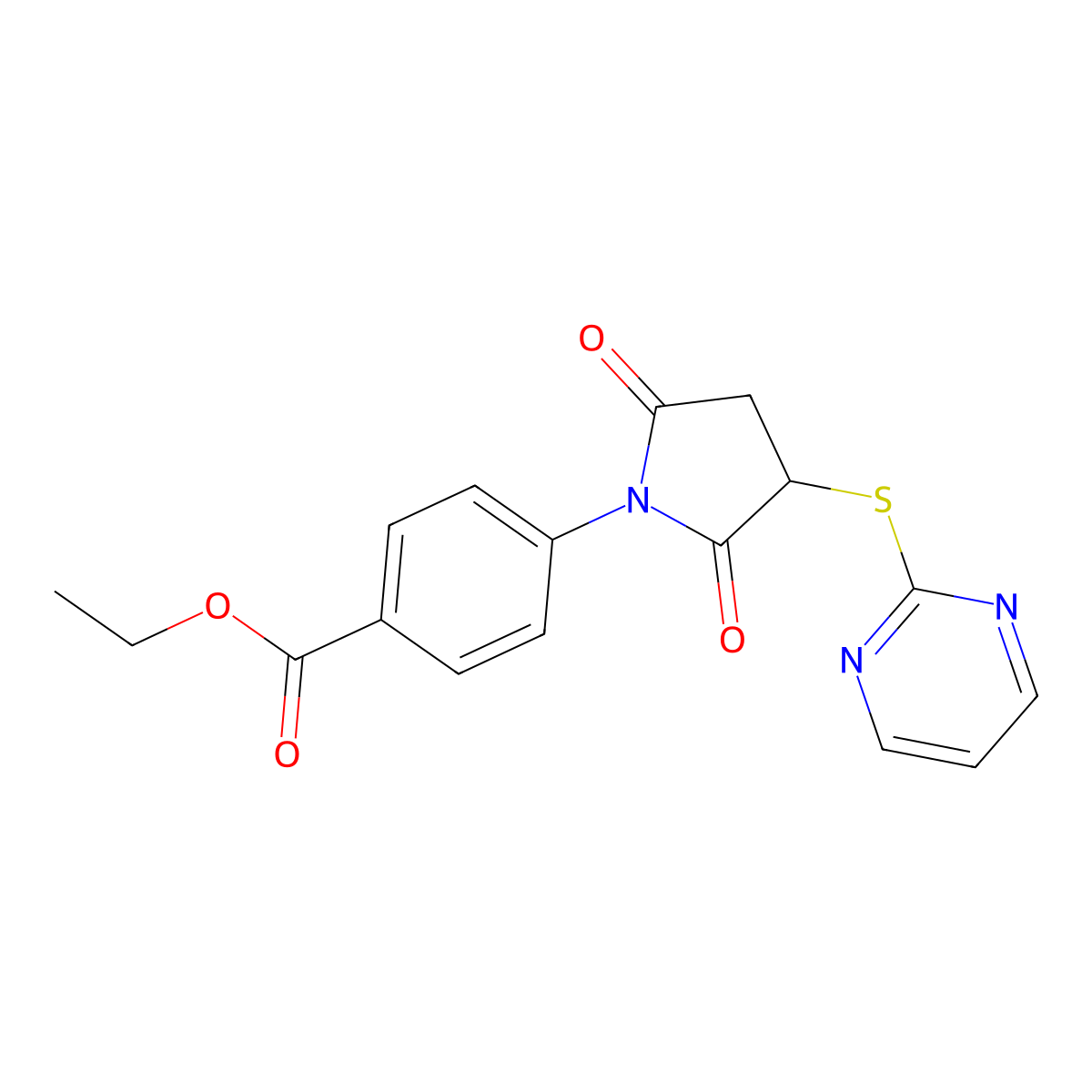 Ethyl 4-[2,5-dioxo-3-(pyrimidin-2-ylsulfanyl)pyrrolidin-1-yl]benzoate molecular structure, CAS 644960-01-0