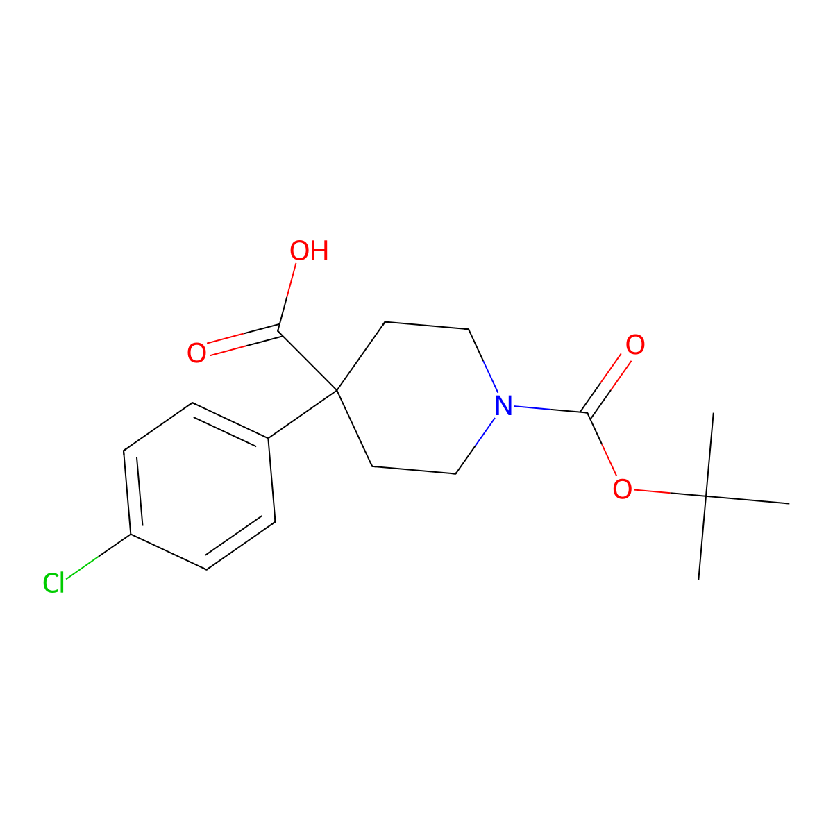 1-(Tert-butoxycarbonyl)-4-(4-chlorophenyl)piperidine-4-carboxylic acid molecular structure, CAS 644981-94-2
