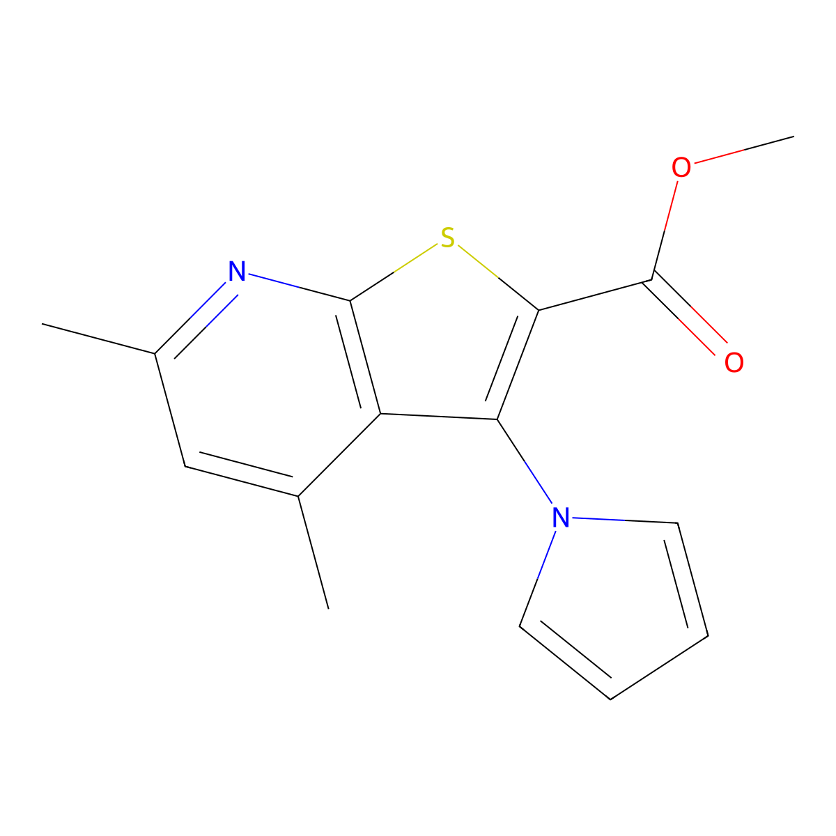 methyl 4,6-dimethyl-3-(1H-pyrrol-1-yl)thieno[2,3-b]pyridine-2-carboxylate molecular structure, CAS 644990-48-7