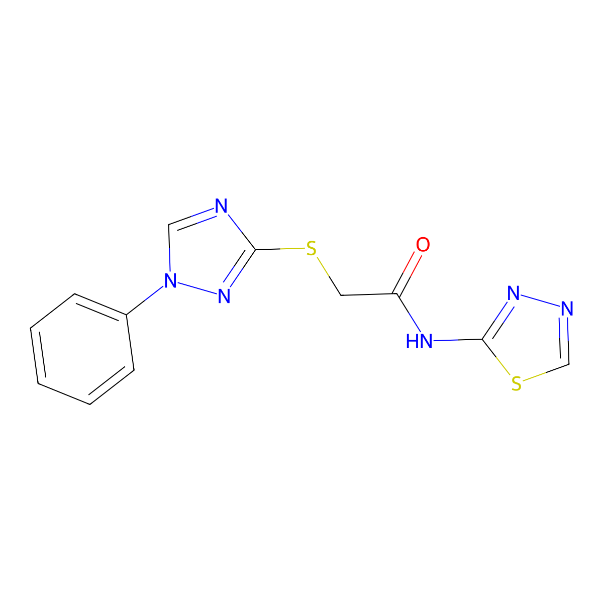 2-[(1-phenyl-1,2,4-triazol-3-yl)sulfanyl]-N-(1,3,4-thiadiazol-2-yl)acetamide molecular structure, CAS 645343-48-2