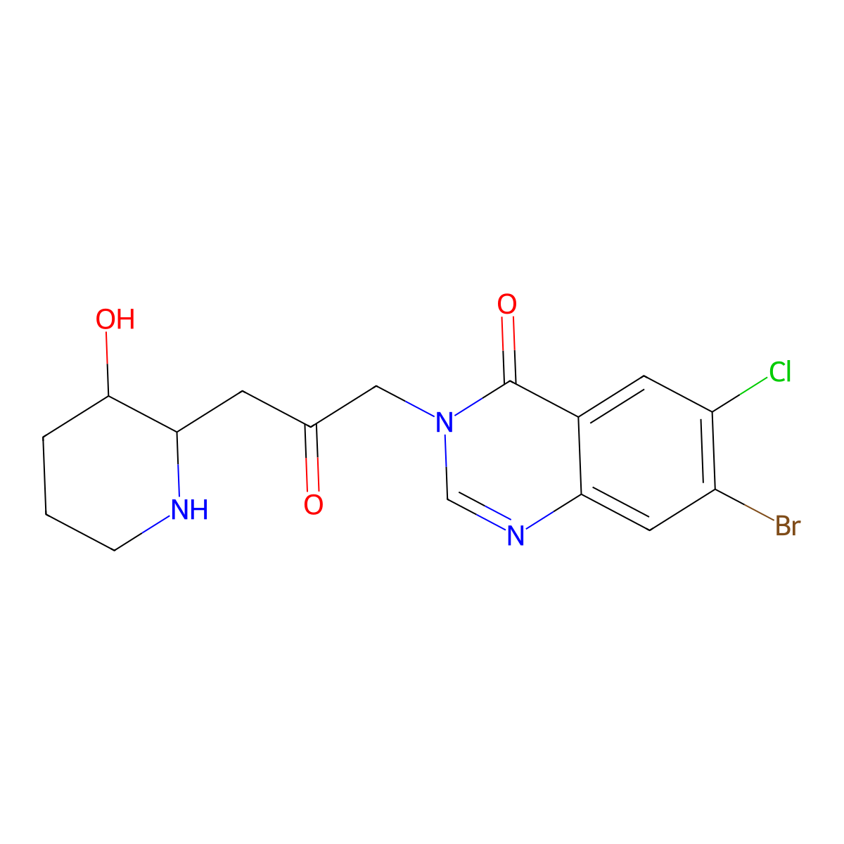 7-Bromo-6-chloro-3-[3-(3-hydroxypiperidin-2-yl)-2-oxopropyl]-3,4-dihydroquinazolin-4-one molecular structure, CAS 64544-01-0