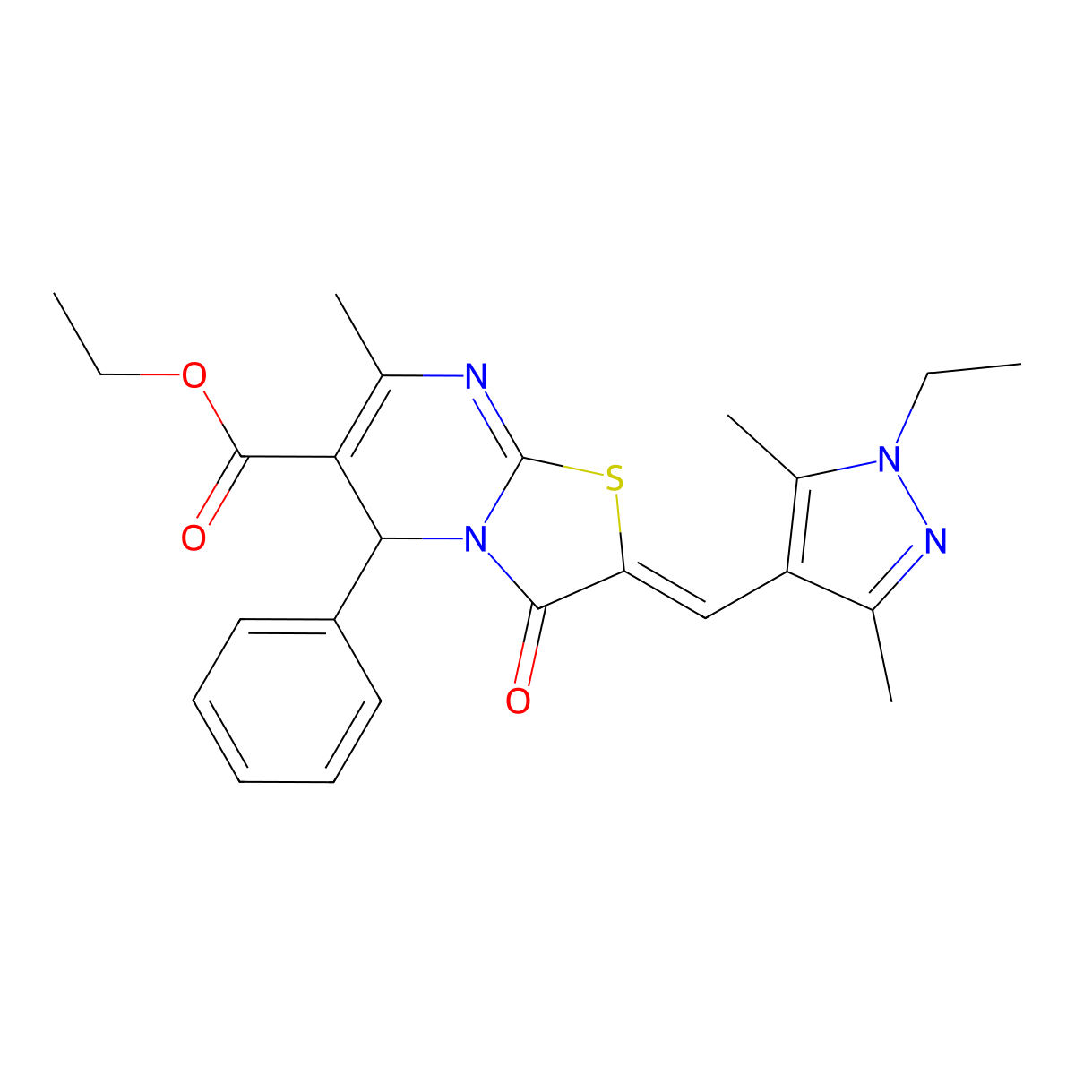 ethyl 2-[(1-ethyl-3,5-dimethylpyrazol-4-yl)methylidene]-7-methyl-3-oxo-5-phenyl-5H-[1,3]thiazolo[3,2-a]pyrimidine-6-carboxylate molecular structure, CAS 6457-29-0
