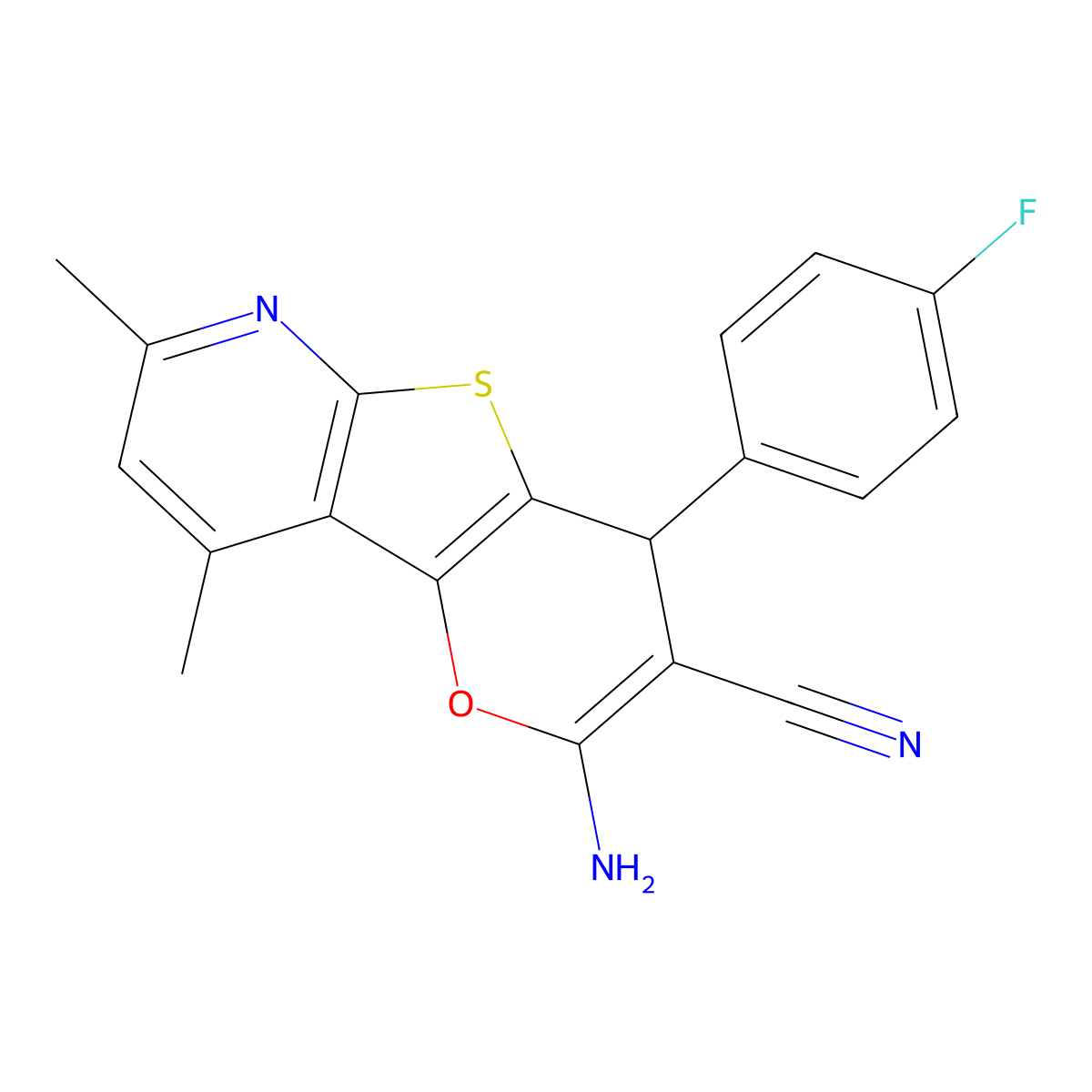 2-amino-4-(4-fluorophenyl)-7,9-dimethyl-4H-pyrano[2',3':4,5]thieno[2,3-b]pyridine-3-carbonitrile molecular structure, CAS 6457-97-2
