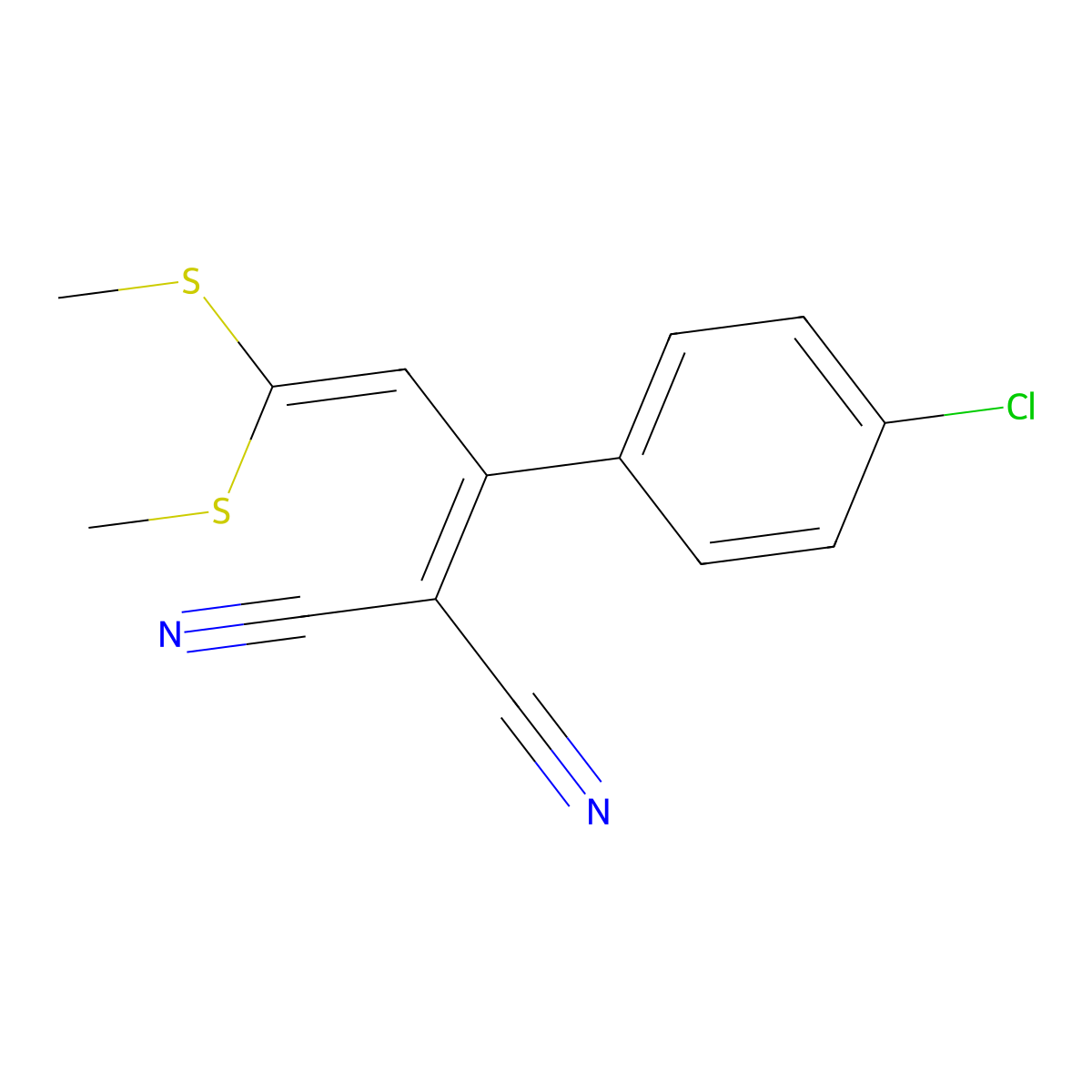 2-[1-(4-Chlorophenyl)-3,3-bis(methylsulfanyl)prop-2-enylidene]propanedinitrile molecular structure, CAS 64573-35-9