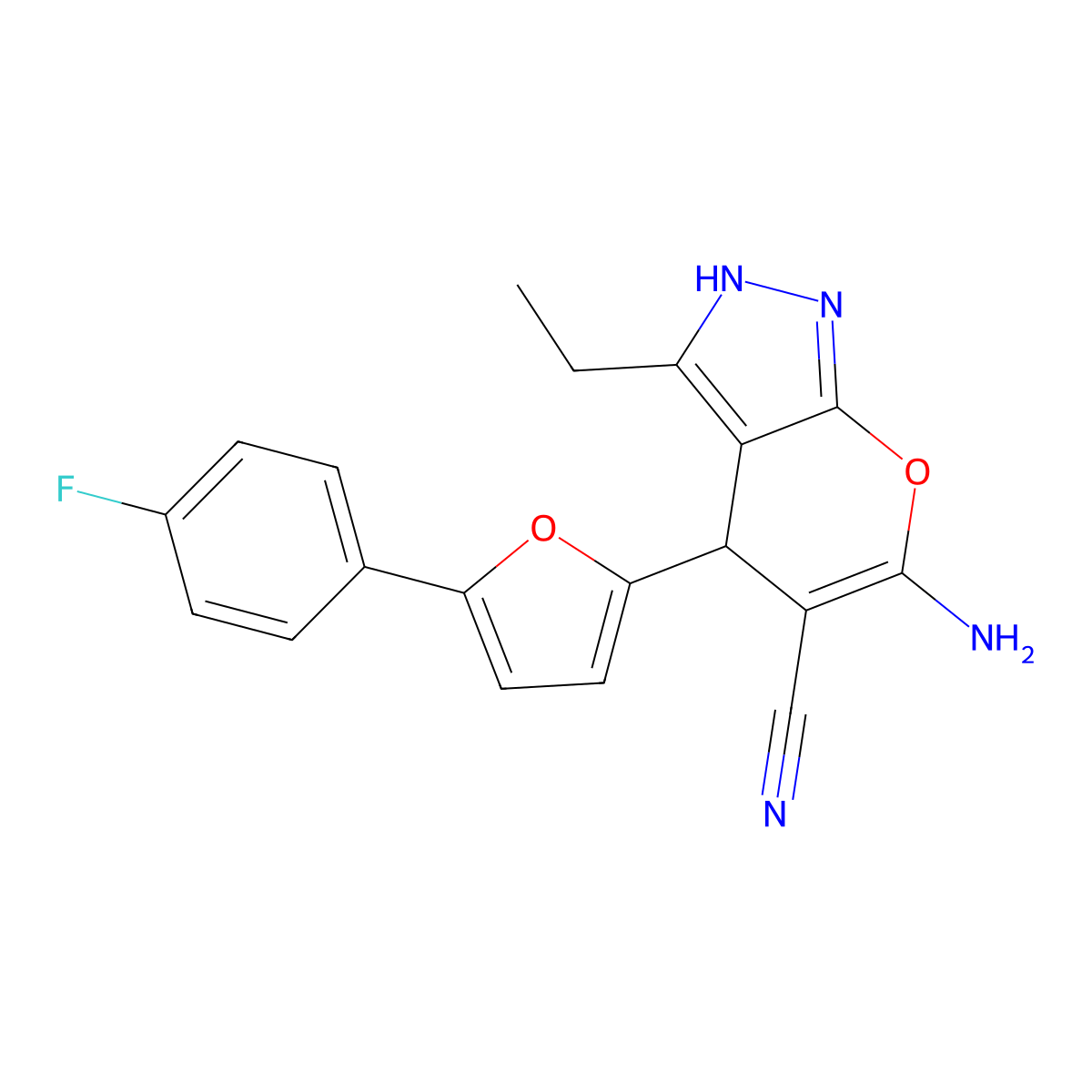 6-Amino-3-ethyl-4-[5-(4-fluorophenyl)-2-furyl]-2,4-dihydropyrano[2,3-c]pyrazole-5-carbonitrile molecular structure, CAS 6458-70-4
