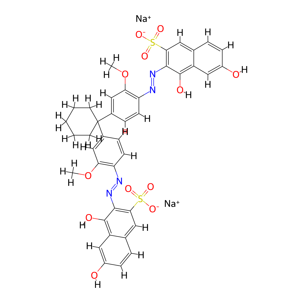 Disodium 3,3'-(cyclohexylidenebis((2-methoxy-4,1-phenylene)azo))bis(4,6-dihydroxynaphthalene-2-sulphonate) molecular structure, CAS 6459-69-4