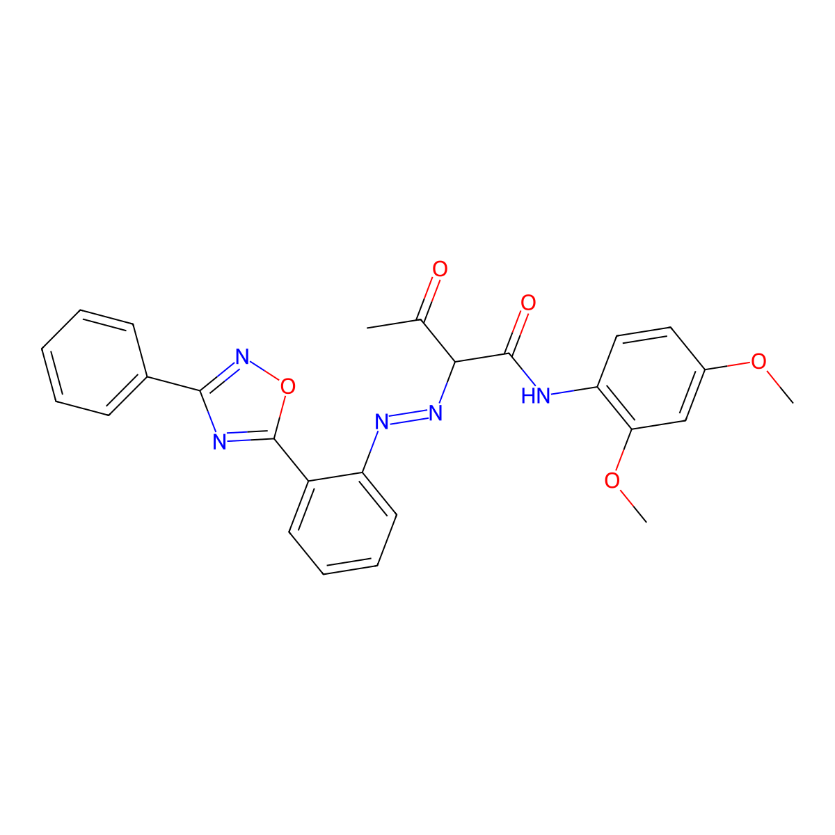 Butanamide, N-(2,4-dimethoxyphenyl)-3-oxo-2-[2-[2-(3-phenyl-1,2,4-oxadiazol-5-yl)phenyl]diazenyl]- molecular structure, CAS 64611-92-3