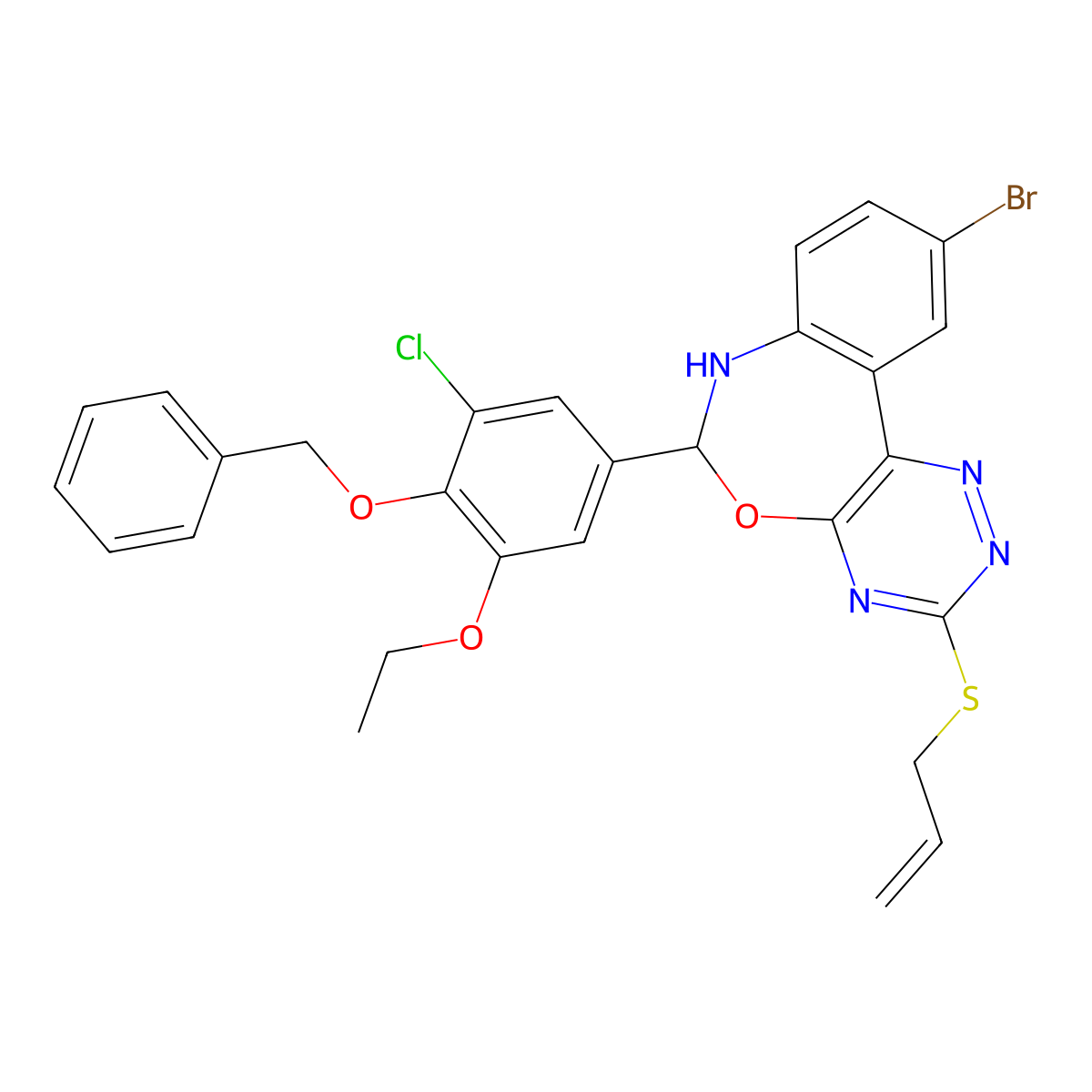 10-Bromo-6-(3-chloro-5-ethoxy-4-phenylmethoxyphenyl)-3-prop-2-enylsulfanyl-6,7-dihydro-[1,2,4]triazino[5,6-d][3,1]benzoxazepine molecular structure, CAS 6464-14-8