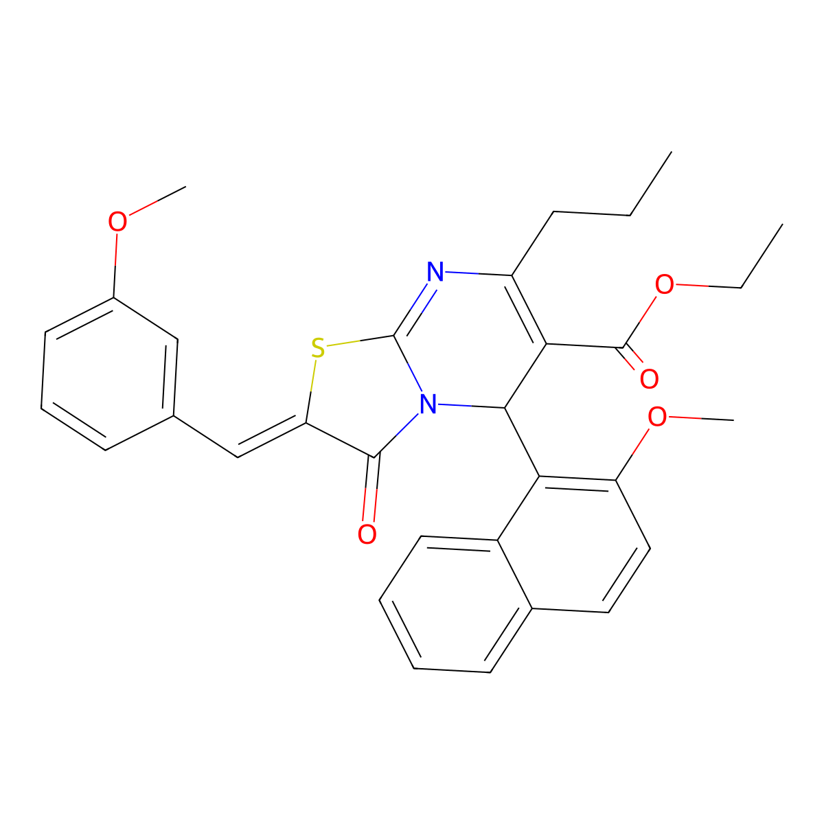 Ethyl 5-(2-methoxynaphthalen-1-yl)-2-[(3-methoxyphenyl)methylidene]-3-oxo-7-propyl-2,3-dihydro-5H-[1,3]thiazolo[3,2-a]pyrimidine-6-carboxylate molecular structure, CAS 6465-39-0
