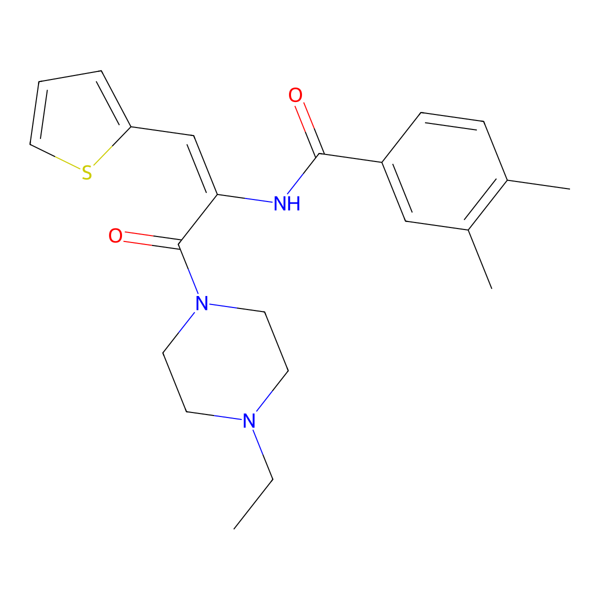 N-[3-(4-Ethylpiperazin-1-yl)-3-oxo-1-(thiophen-2-yl)prop-1-en-2-yl]-3,4-dimethylbenzamide molecular structure, CAS 6466-09-7