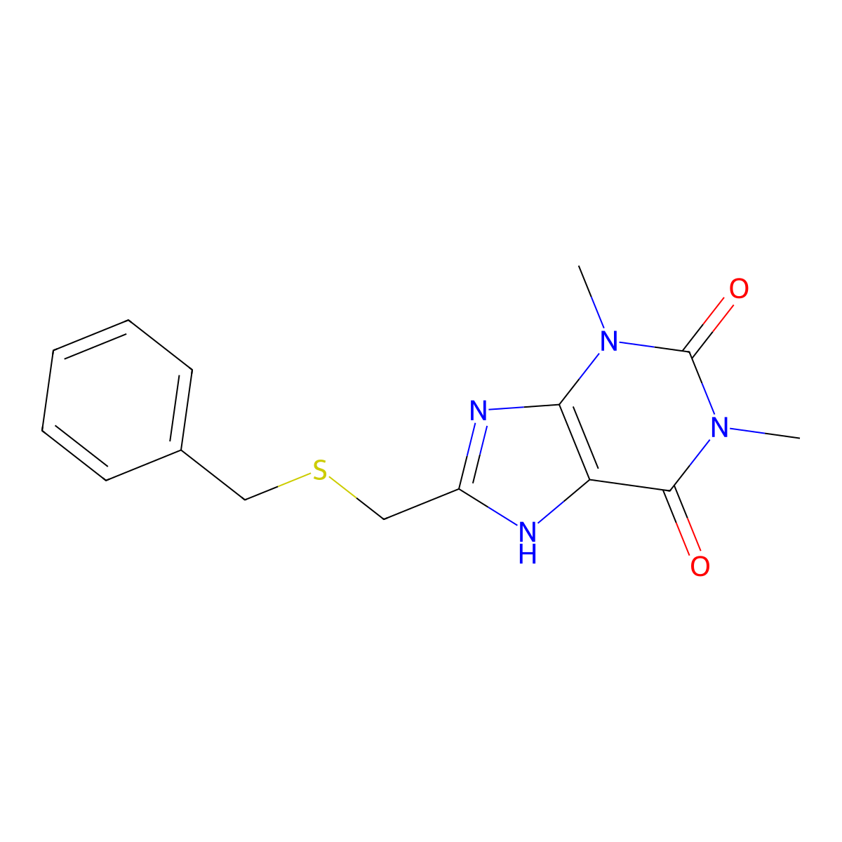 8-(benzylsulfanylmethyl)-1,3-dimethyl-7H-purine-2,6-dione molecular structure, CAS 6466-43-9
