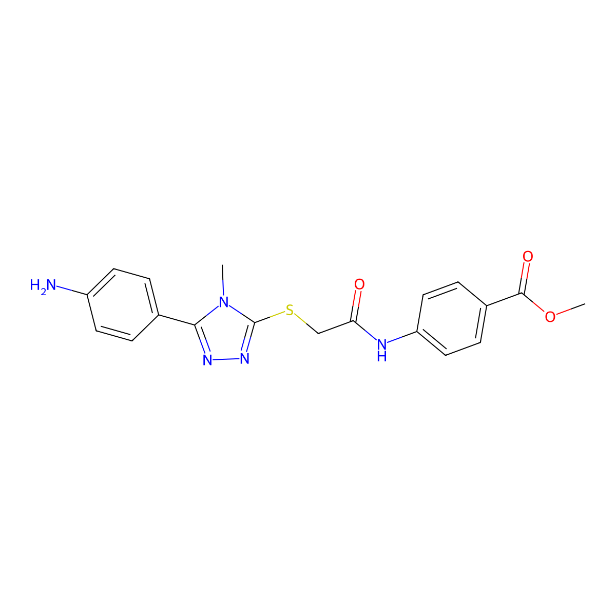 Methyl 4-[[2-[[5-(4-aminophenyl)-4-methyl-1,2,4-triazol-3-yl]sulfanyl]acetyl]amino]benzoate molecular structure, CAS 6467-13-6