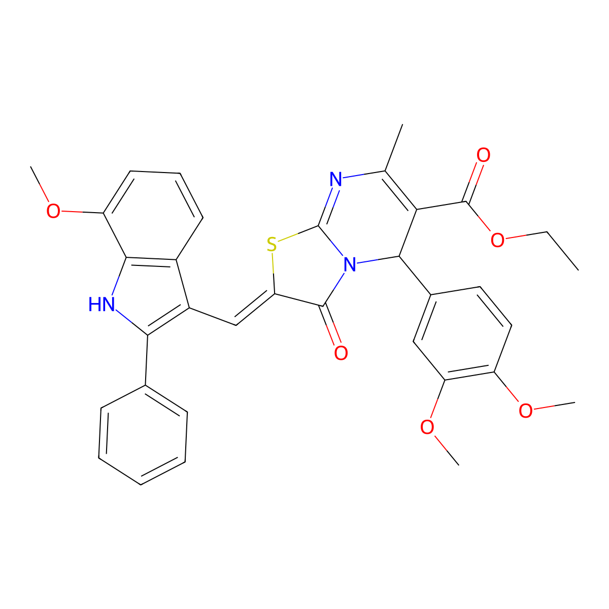 ethyl 5-(3,4-dimethoxyphenyl)-2-[(7-methoxy-2-phenyl-1H-indol-3-yl)methylidene]-7-methyl-3-oxo-5H-[1,3]thiazolo[3,2-a]pyrimidine-6-carboxylate molecular structure, CAS 6468-44-6