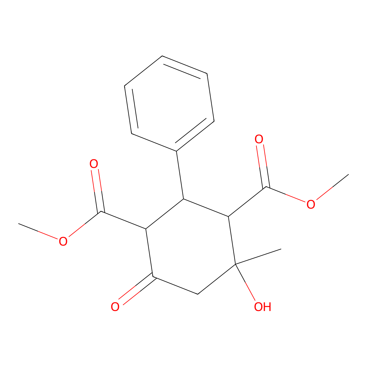 Dimethyl 4-hydroxy-4-methyl-6-oxo-2-phenylcyclohexane-1,3-dicarboxylate molecular structure, CAS 64681-98-7
