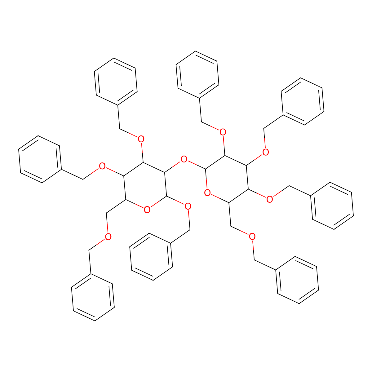 Benzyl 3,4,6-tri-O-benzyl-2-O-(2,3,4,6-tetra-O-benzyl-alpha-D-glucopyranosyl)-beta-D-galactopyranoside molecular structure, CAS 64694-20-8