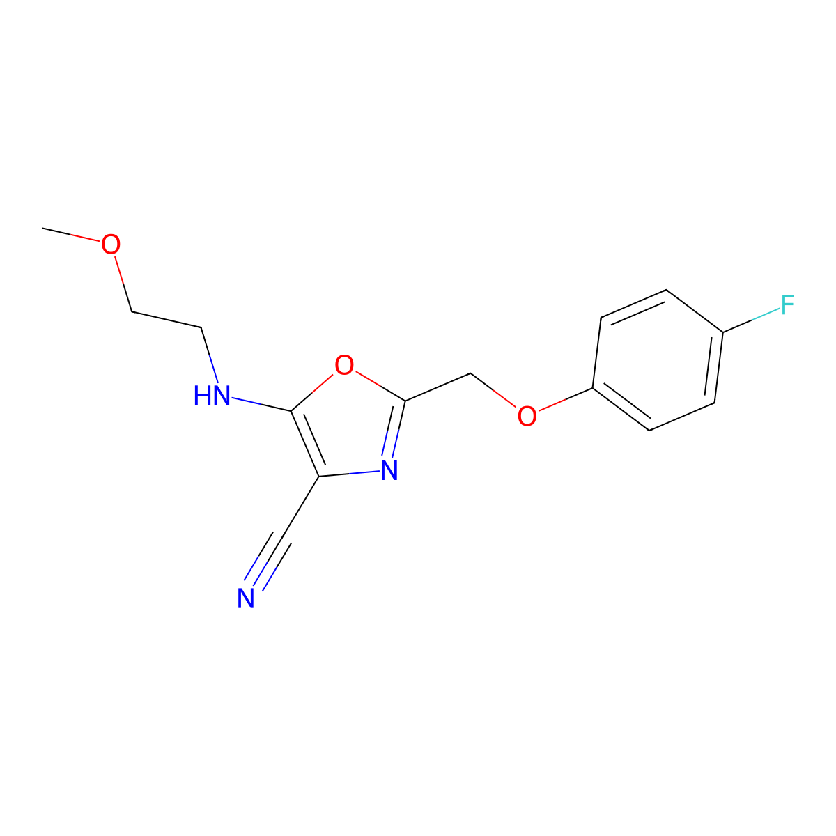 2-[(4-Fluorophenoxy)methyl]-5-(2-methoxyethylamino)-1,3-oxazole-4-carbonitrile molecular structure, CAS 646992-28-1