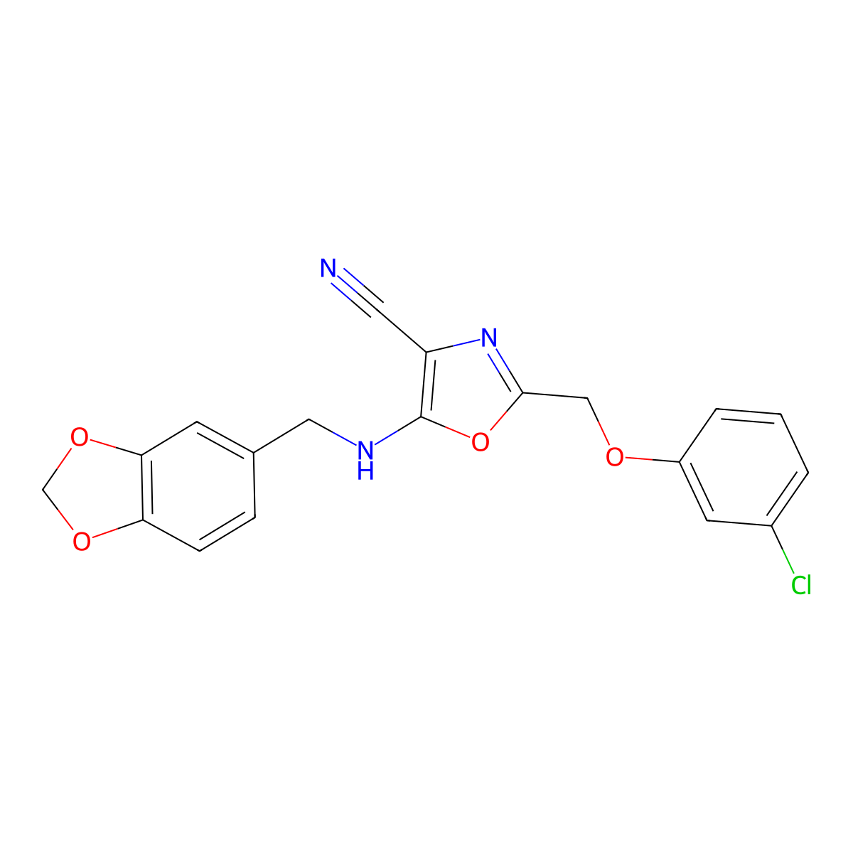 5-(1,3-Benzodioxol-5-ylmethylamino)-2-[(3-chlorophenoxy)methyl]-1,3-oxazole-4-carbonitrile molecular structure, CAS 646994-93-6