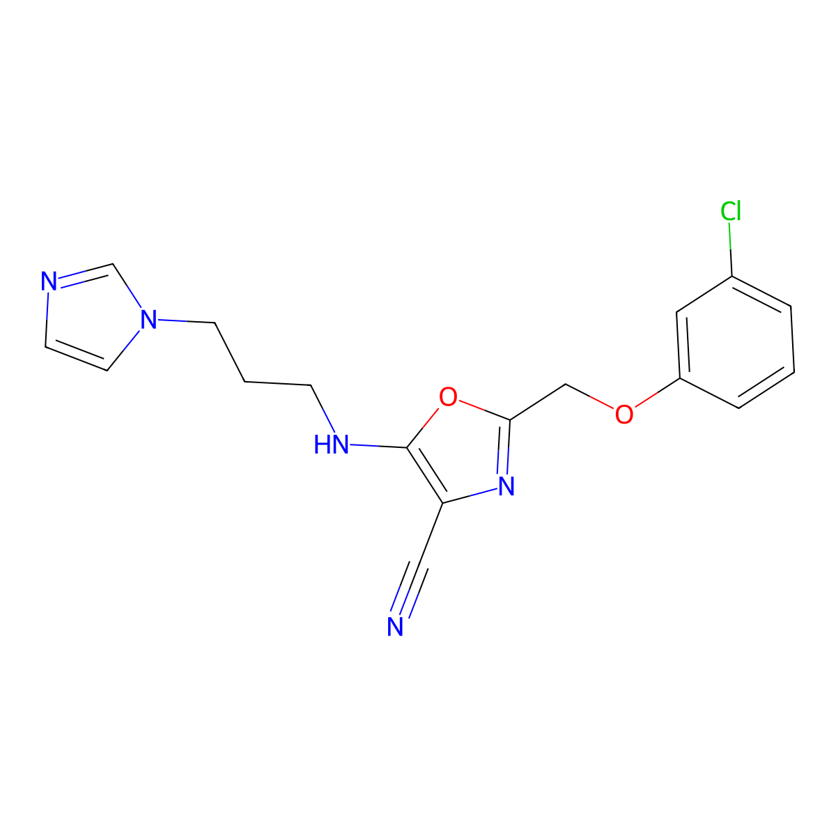 2-[(3-Chlorophenoxy)methyl]-5-(3-imidazol-1-ylpropylamino)-1,3-oxazole-4-carbonitrile molecular structure, CAS 646994-96-9