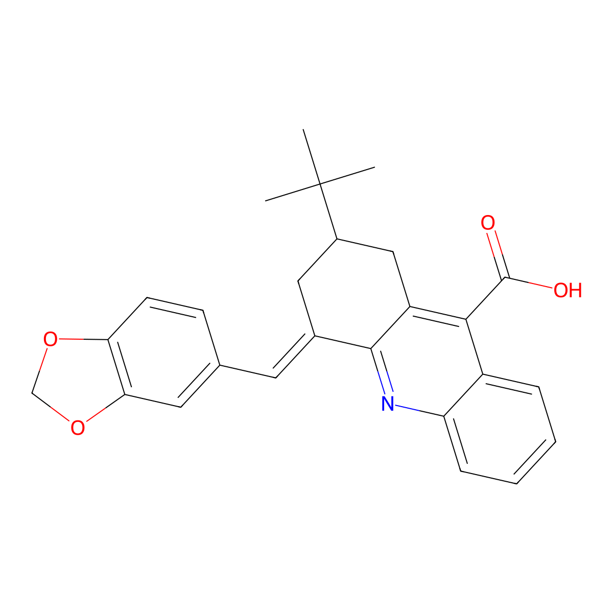 4-(1,3-Dioxaindan-5-ylmethylidene)-2-tert-butyl-1,2,3,4-tetrahydroacridine-9-carboxylic acid molecular structure, CAS 647036-25-7